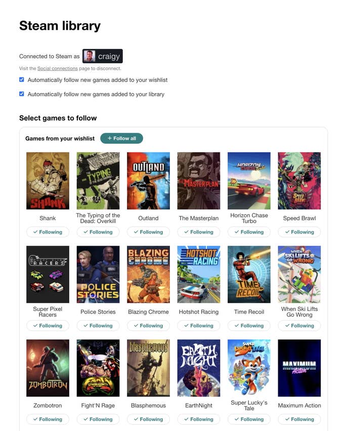 Vista de la biblioteca de Steam vinculada.