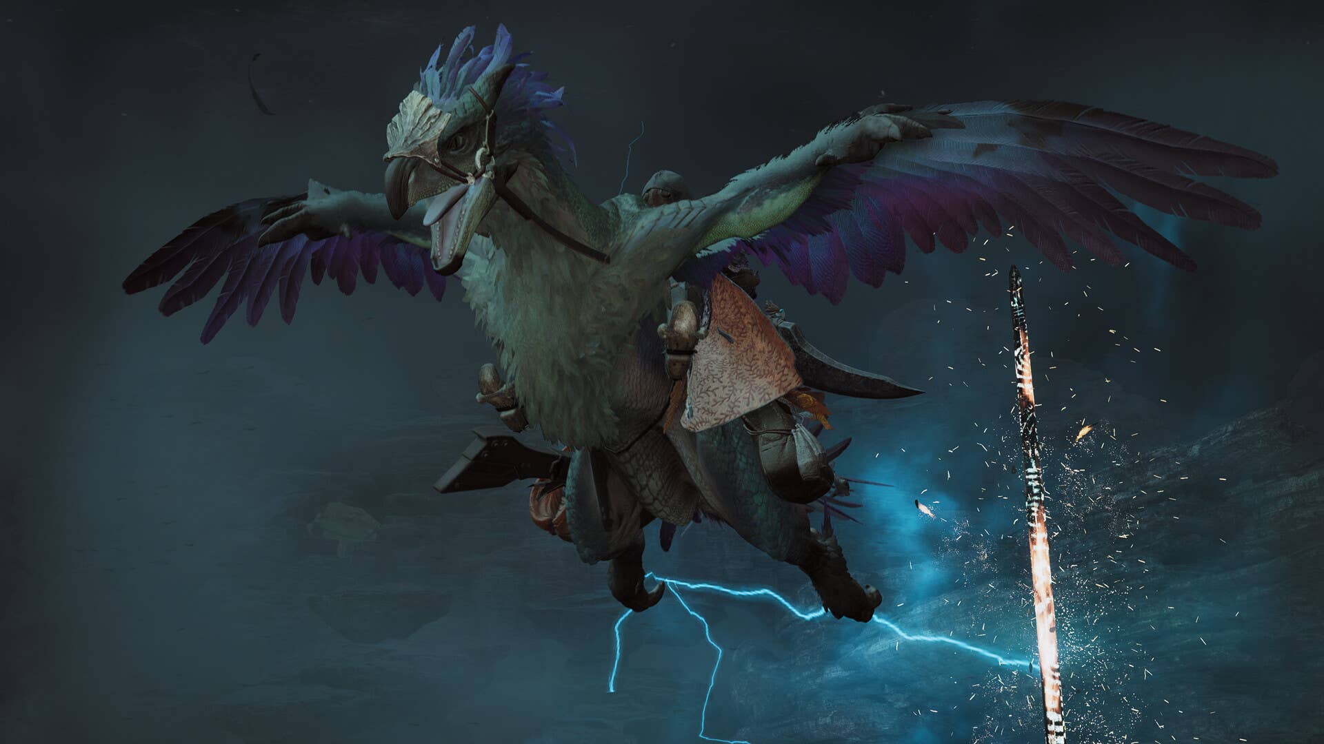 Un personaje montando una criatura en Monster Hunter Wilds.