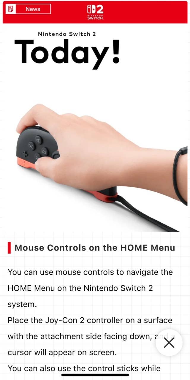 Captura de pantalla de la aplicación Nintendo Today mostrando los controles de mouse