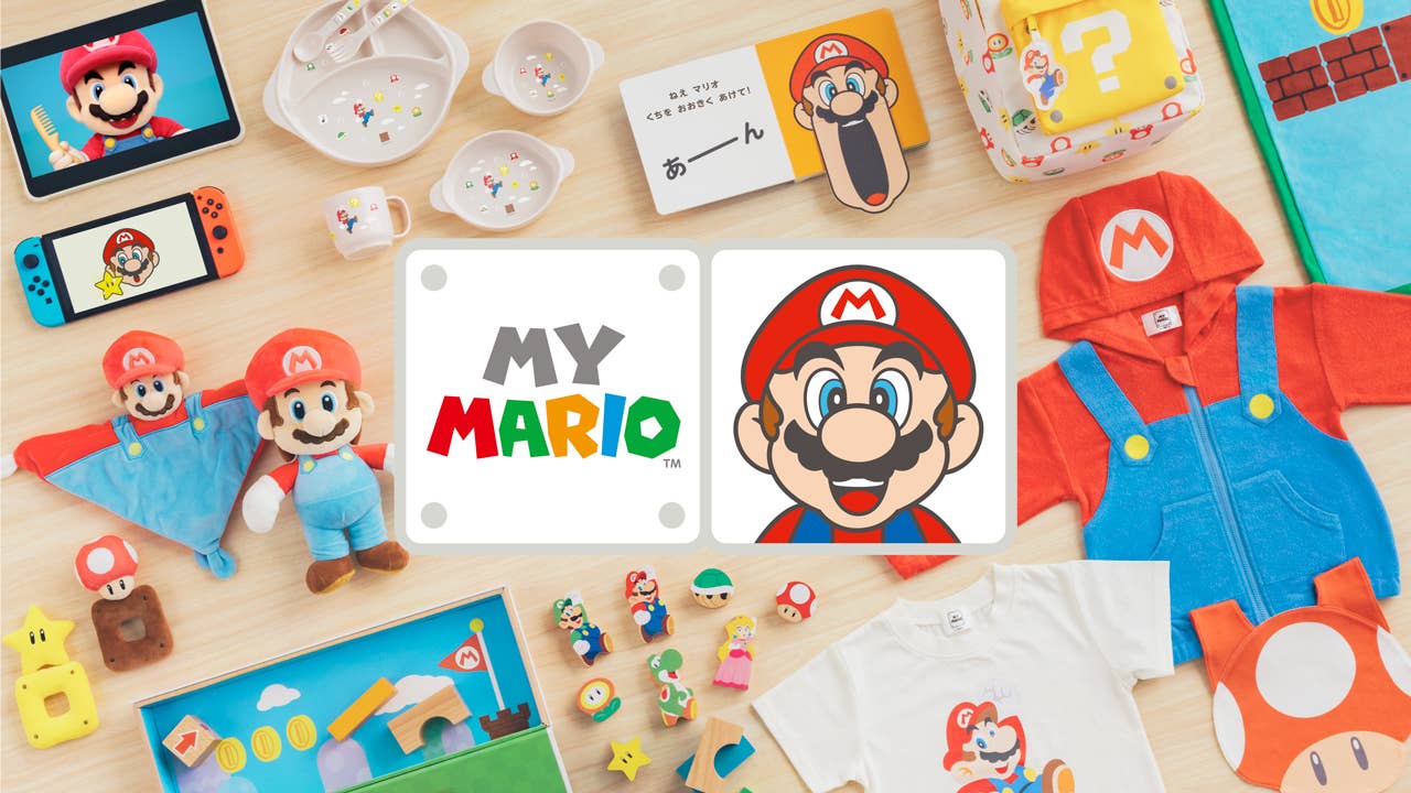 Imagen promocional mostrando la nueva línea de productos My Mario de Nintendo, que incluye libros, ropa, juguetes, sonajeros, platos y más.
