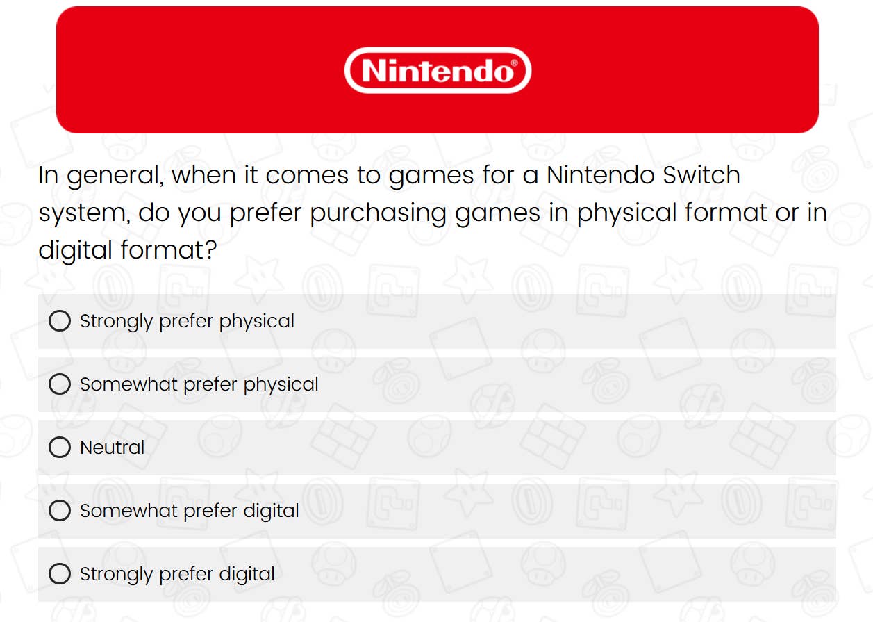 Captura de pantalla de la encuesta de Nintendo