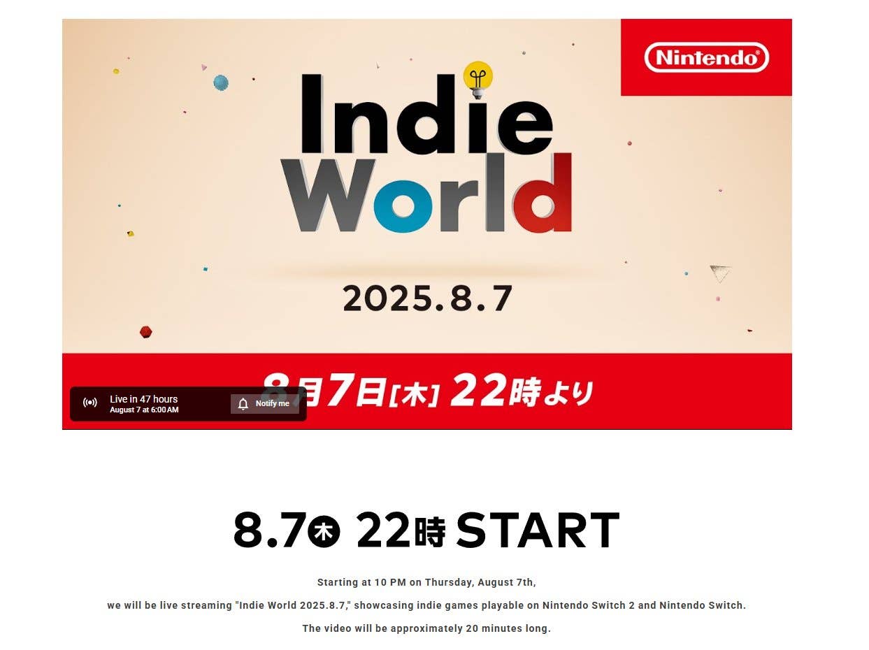 Detalles sobre el Indie World Nintendo Direct programado para el 8 de agosto, prometiendo cinco minutos adicionales de contenido.