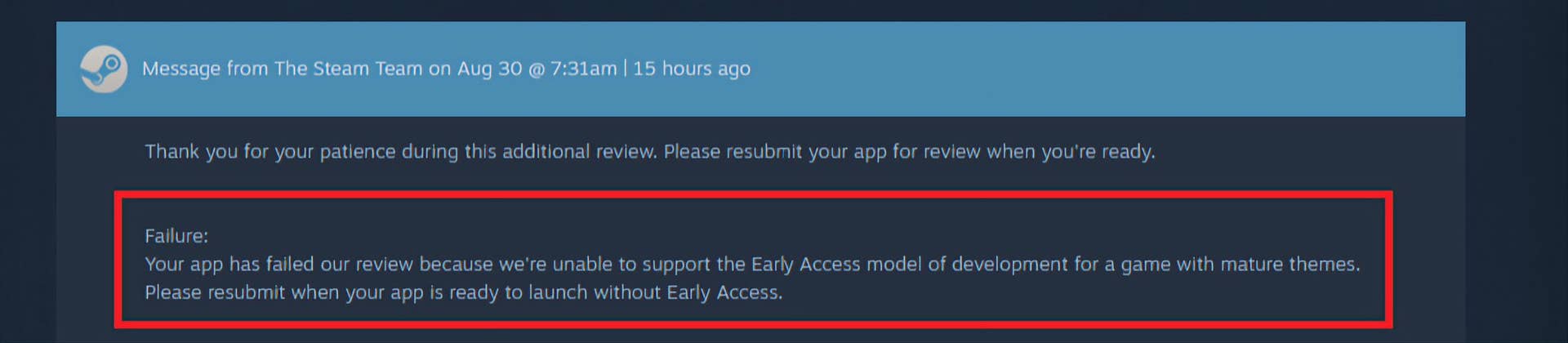 Mensaje de Valve negando el acceso anticipado al desarrollador en Steam