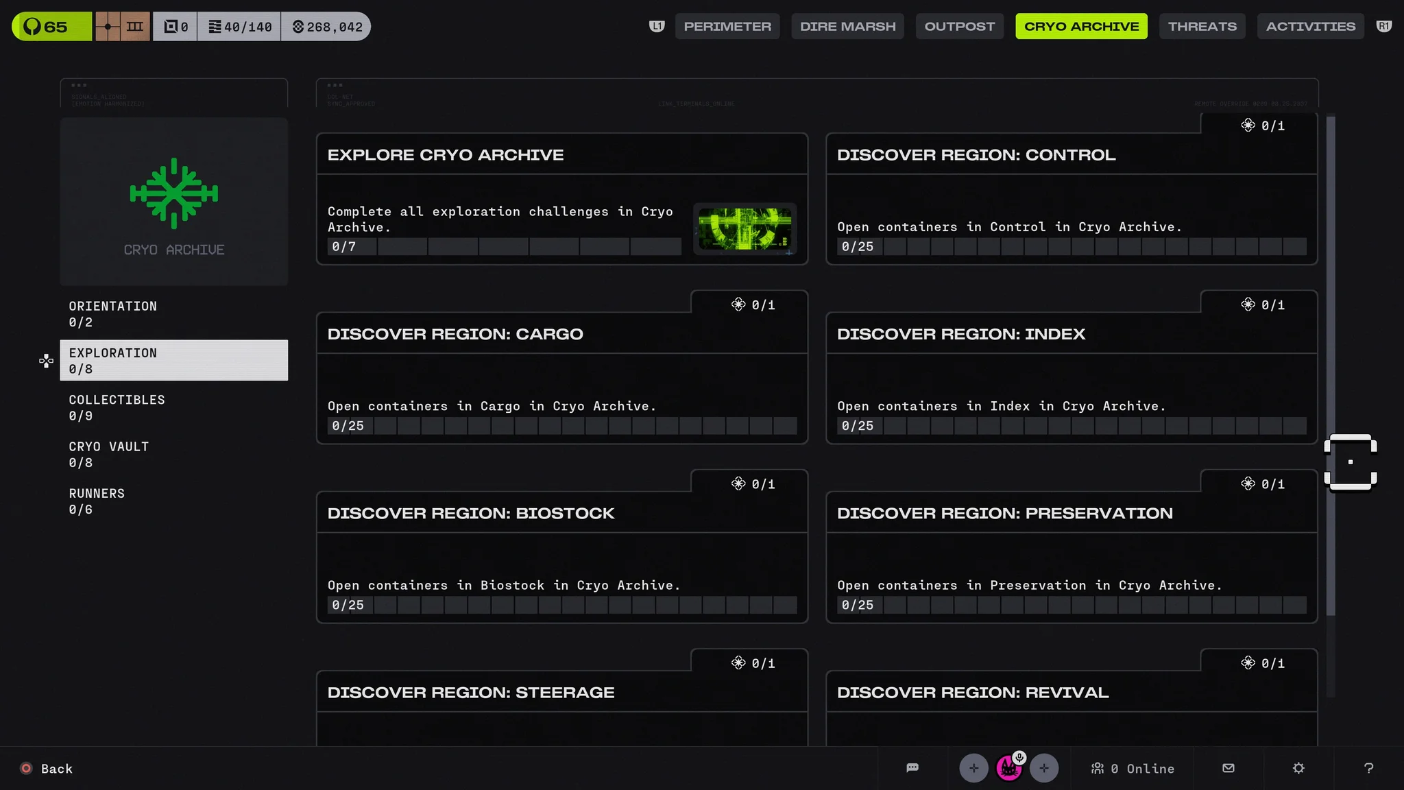 La página del codex de exploración de Cryo Archive en Marathon (2026), que muestra desafíos nombrados en función de las regiones del mapa y los pasos del ARG.