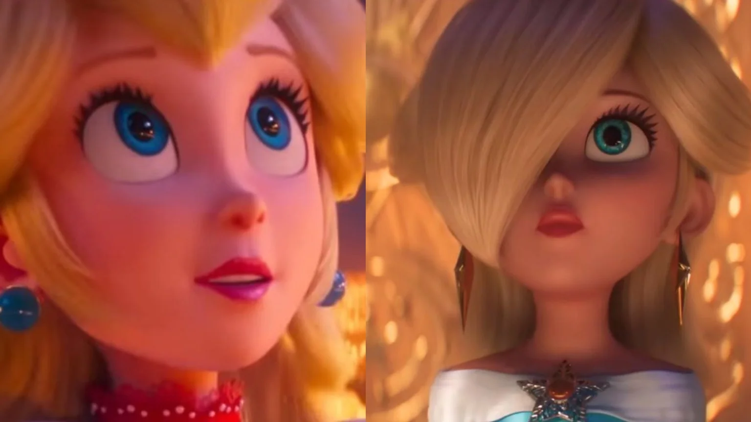 Imagen que muestra a Peach de la película de Super Mario Bros. a la izquierda y a Rosalina de la película de Super Mario Galaxy a la derecha