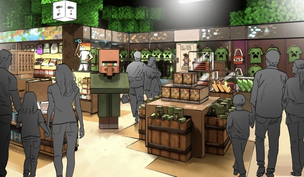 Representación artística del inevitable giftshop de Minecraft World