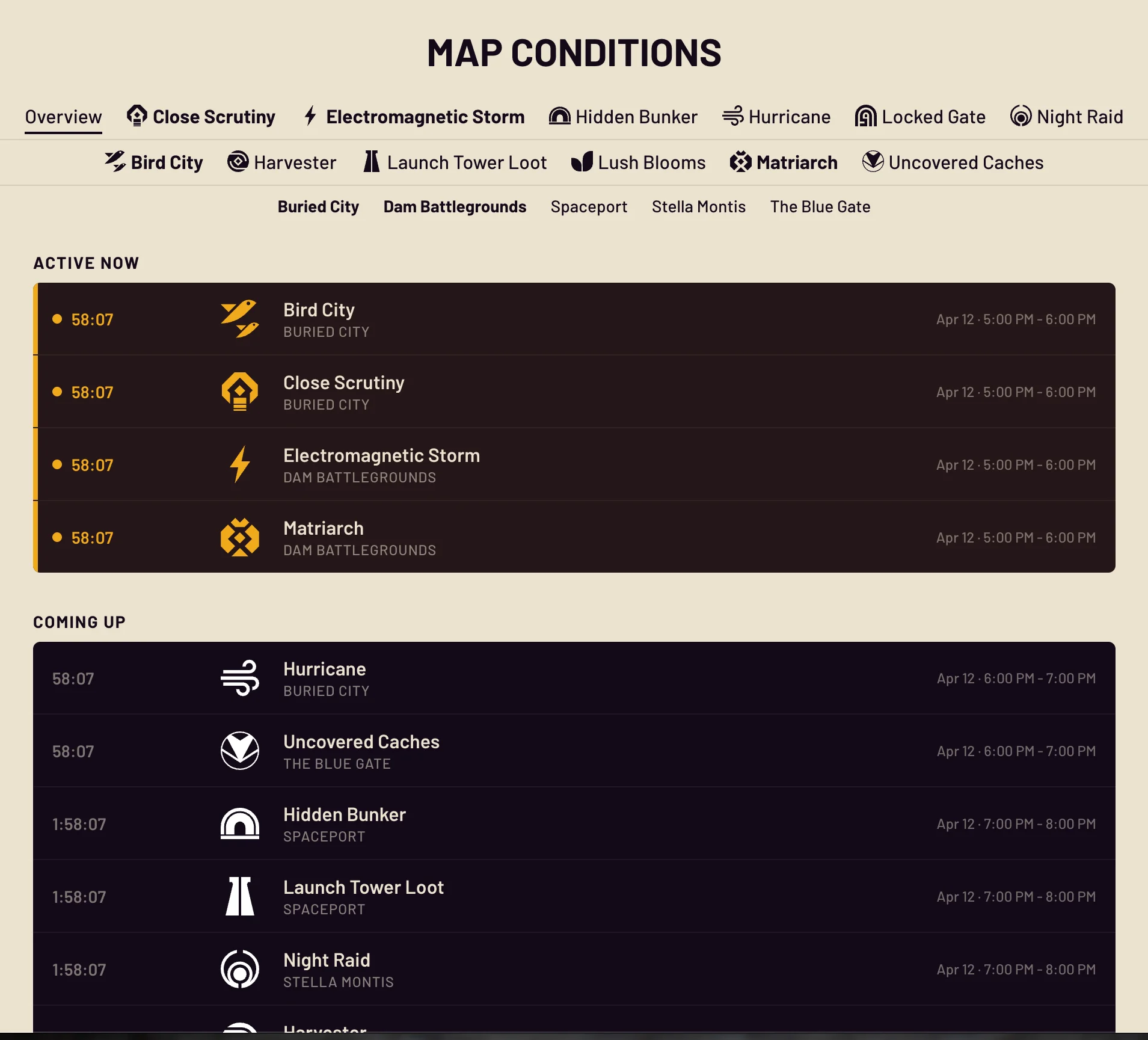 Página web de 'Condiciones del Mapa' para Arc Raiders