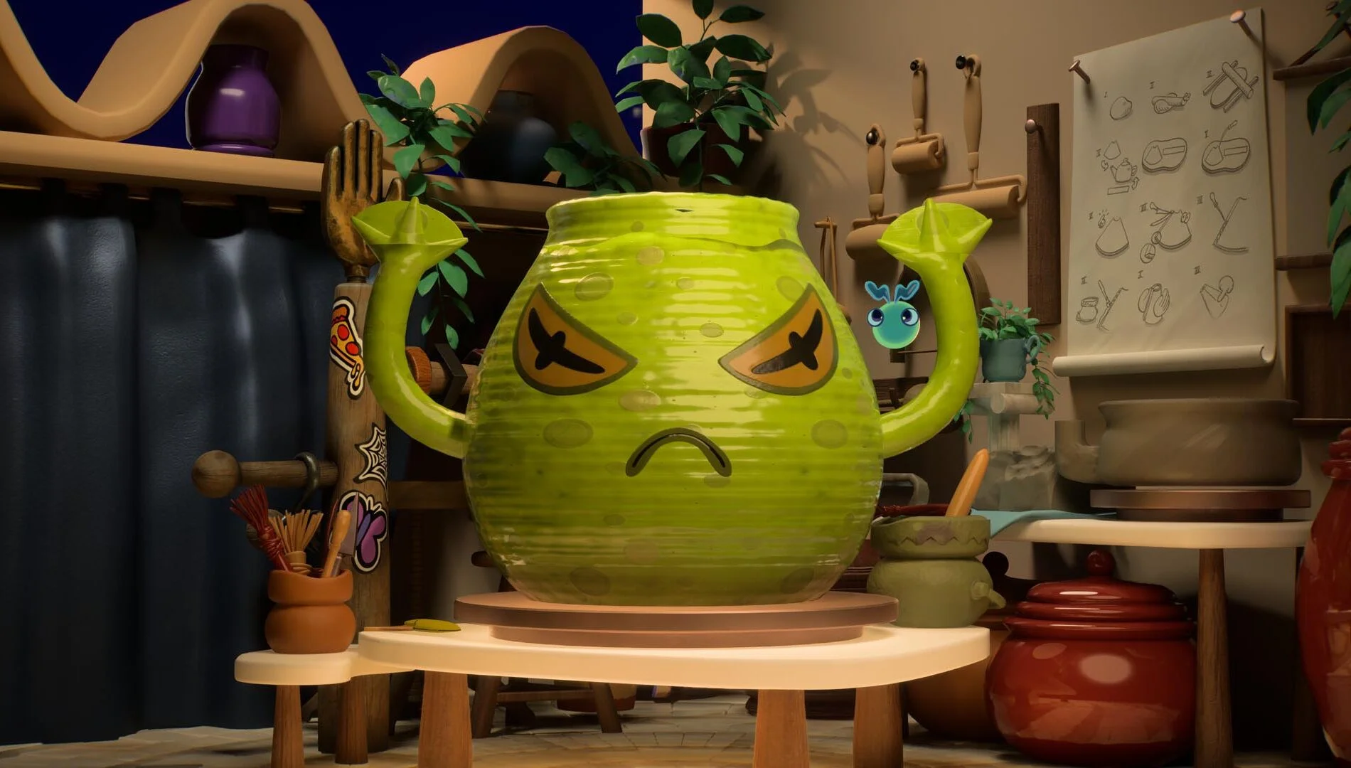 Blizzard ayuda en las cinemáticas de Fable y Kiln recibe apoyo de Sea of Thieves 3 Kiln screenshot showing a green clay pot on a pottery wheel, decorated with a frowny face and two raised hands.