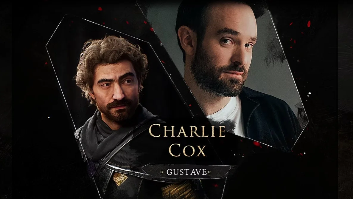 Imagen de Gustave en Clair Obscur junto a una imagen del actor Charlie Cox