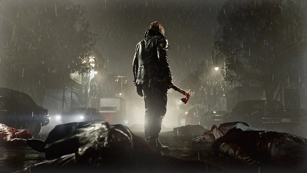 Captura de pantalla de Resident Evil Requiem que muestra la espalda de Leon de pie en una calle empapada de lluvia con cuerpos a su alrededor. Él sostiene un hacha