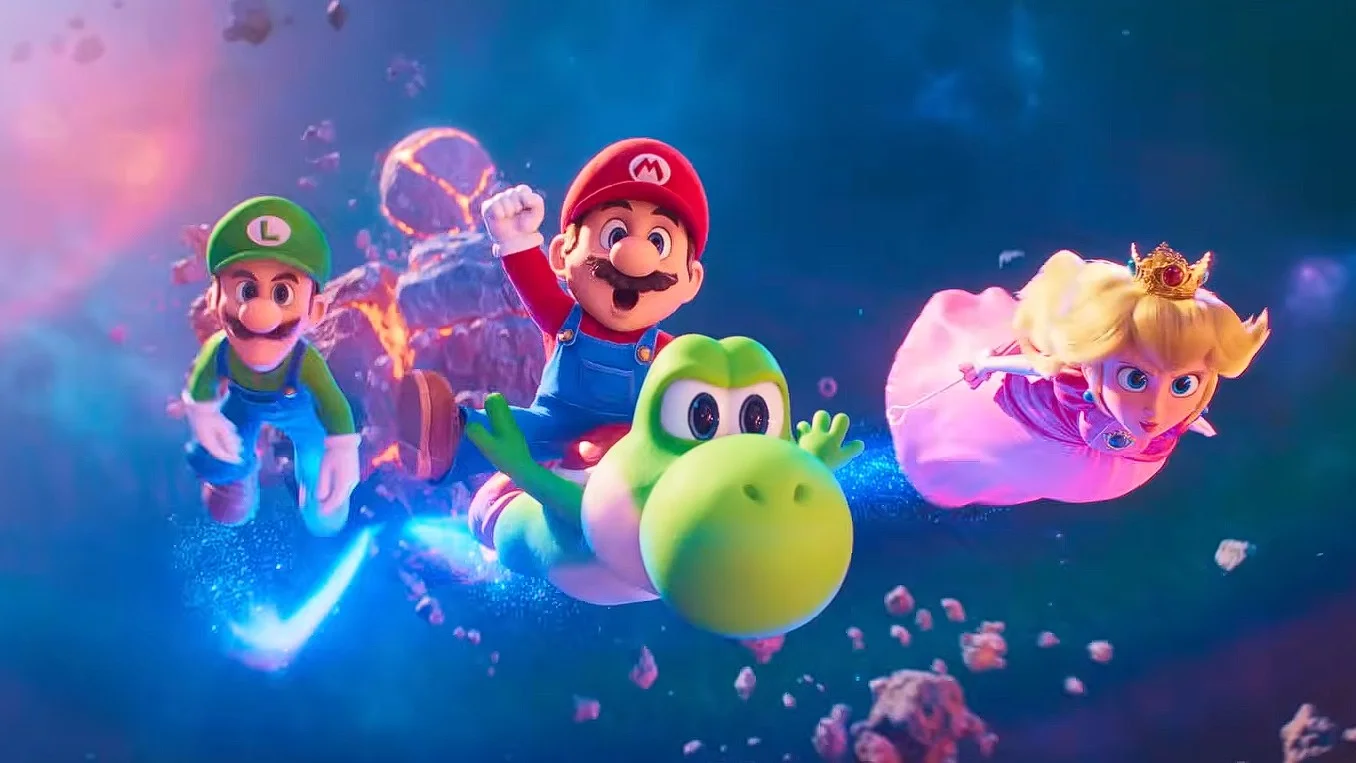 Mario, Yoshi, Luigi y Peach volando en The Super Mario Galaxy Movie