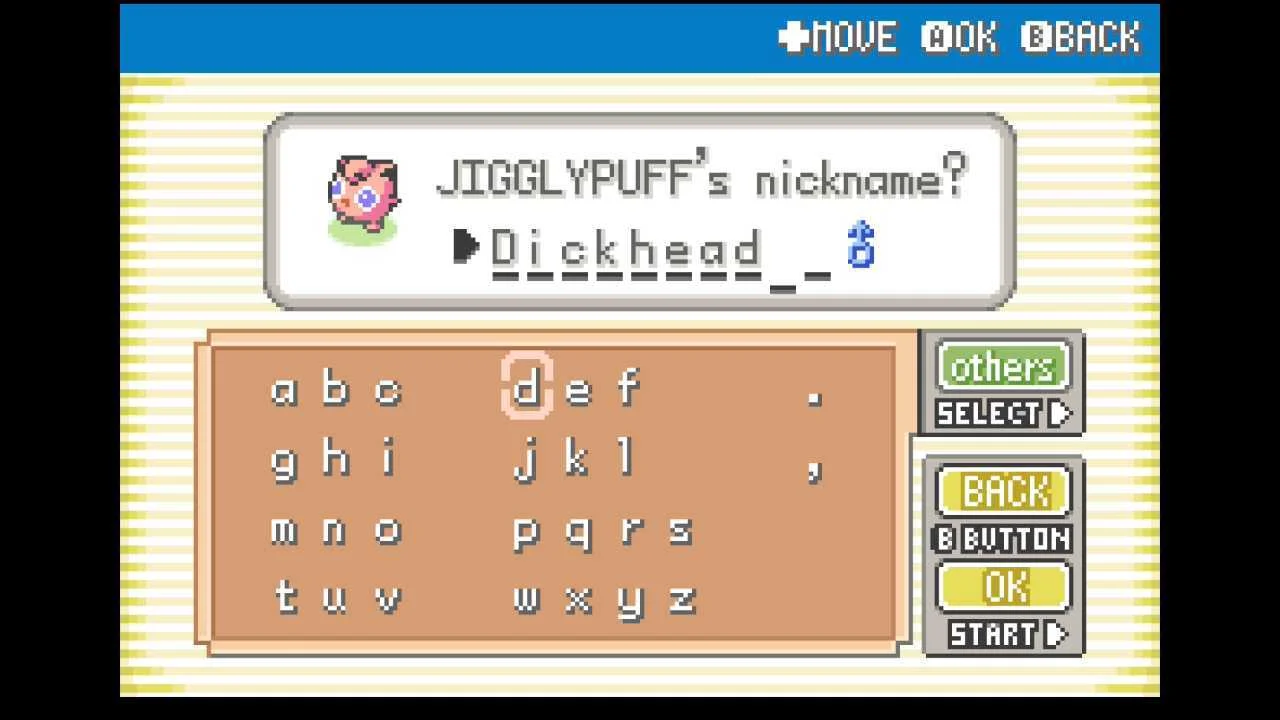 Un Jigglypuff llamado 'Dickhead' en la pantalla de inicio del juego