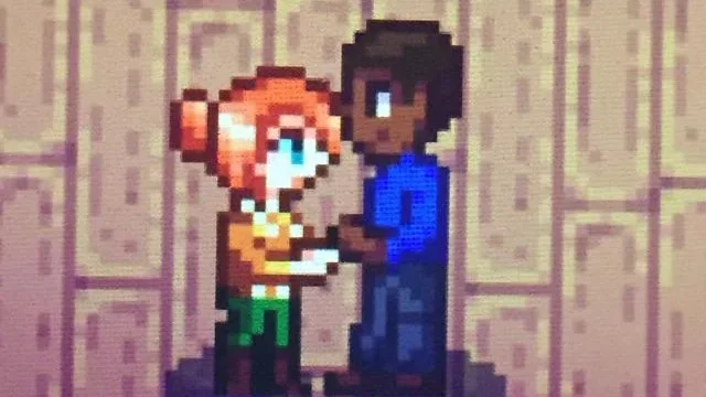 Robin y Demetrius de Stardew Valley bailando juntos