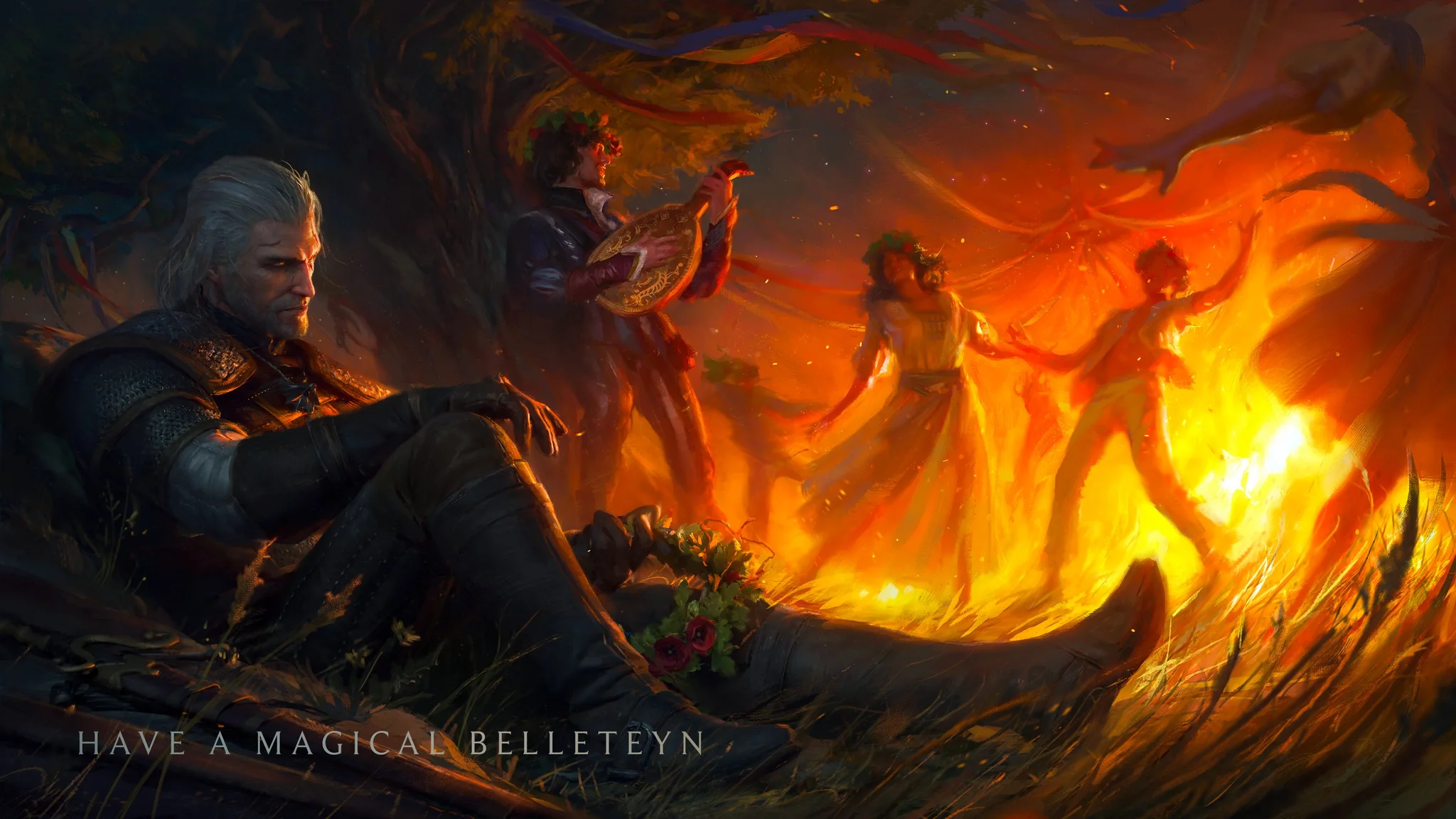 Geralt, un cazador de monstruos de cabello gris, se encuentra apoyado en un árbol mientras en el fondo la gente baila alrededor de una fogata, y un bardo los deleita con su música.