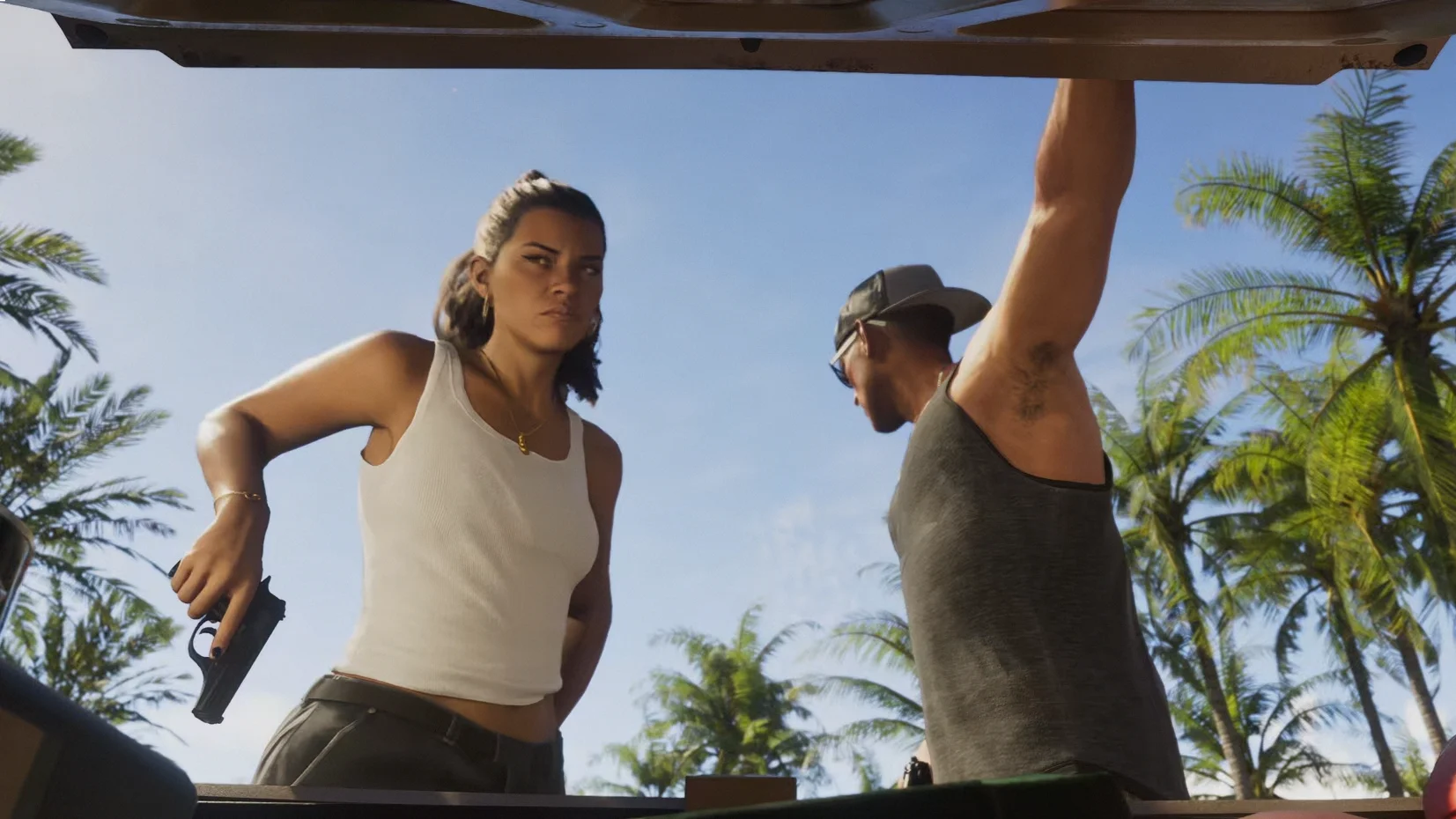 GTA 6 protagonistas sacan armas del maletero de un coche.