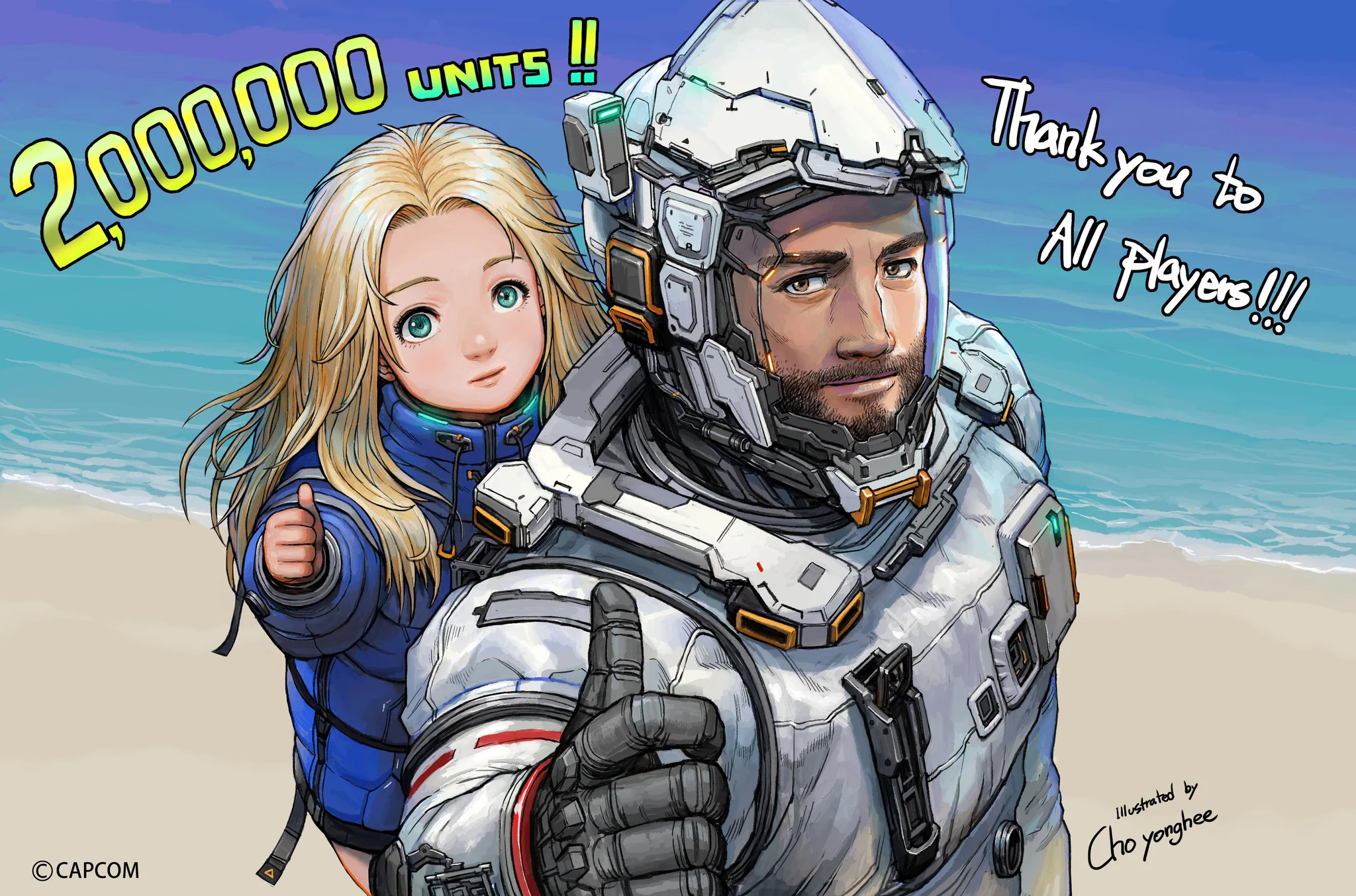 Dibujo de Hugh y Diana de Pragmata dando un pulgar hacia arriba mientras caminan por una playa