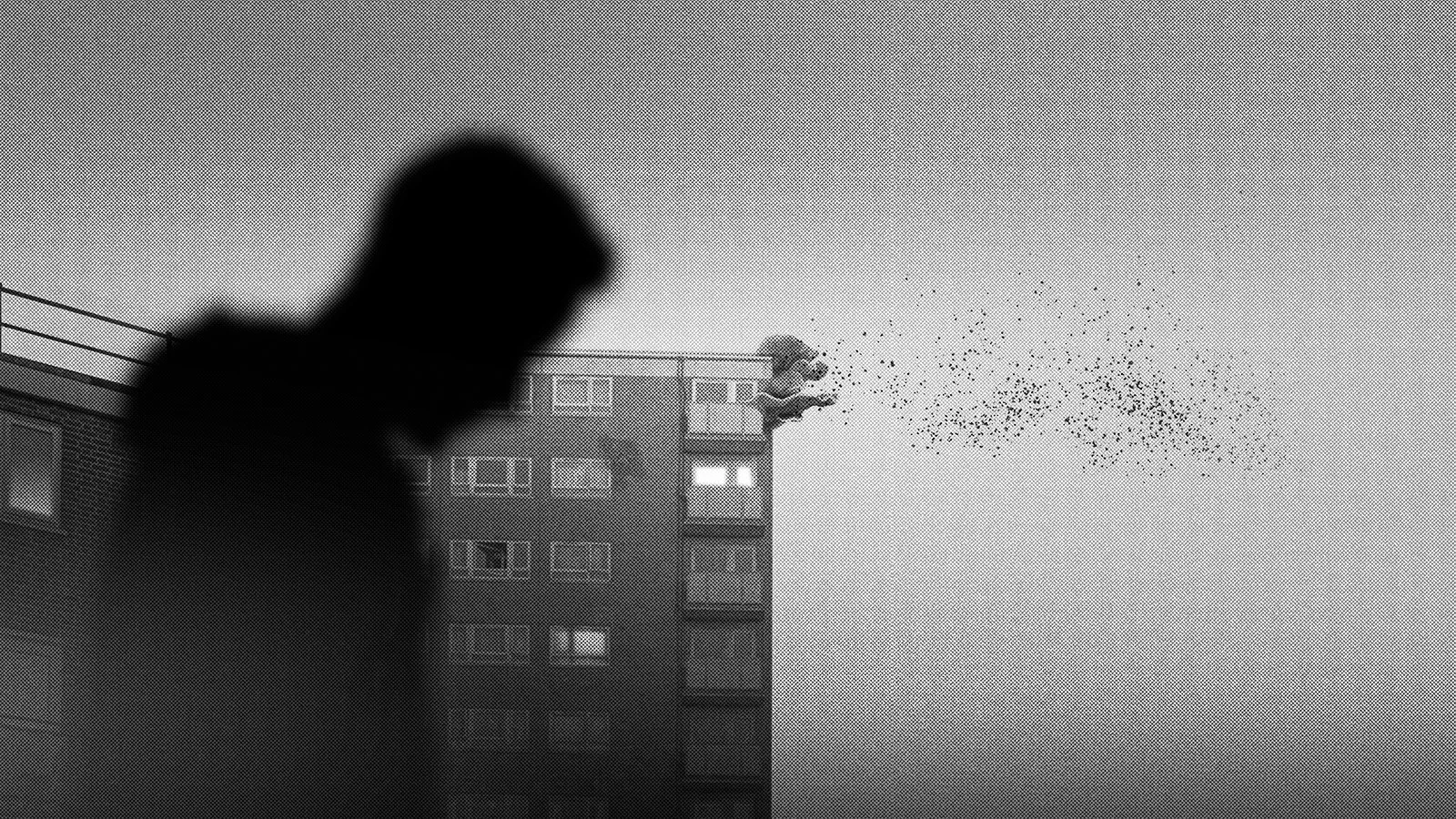 El nuevo juego del creador de Citizen Sleeper: un RPG "fungalpunk" donde eres un parásito en una ciudad post-punk. 3 Un personaje en silueta con la cabeza agachada, frente a un bloque de edificios que muestra un gran hongo en una de sus esquinas.