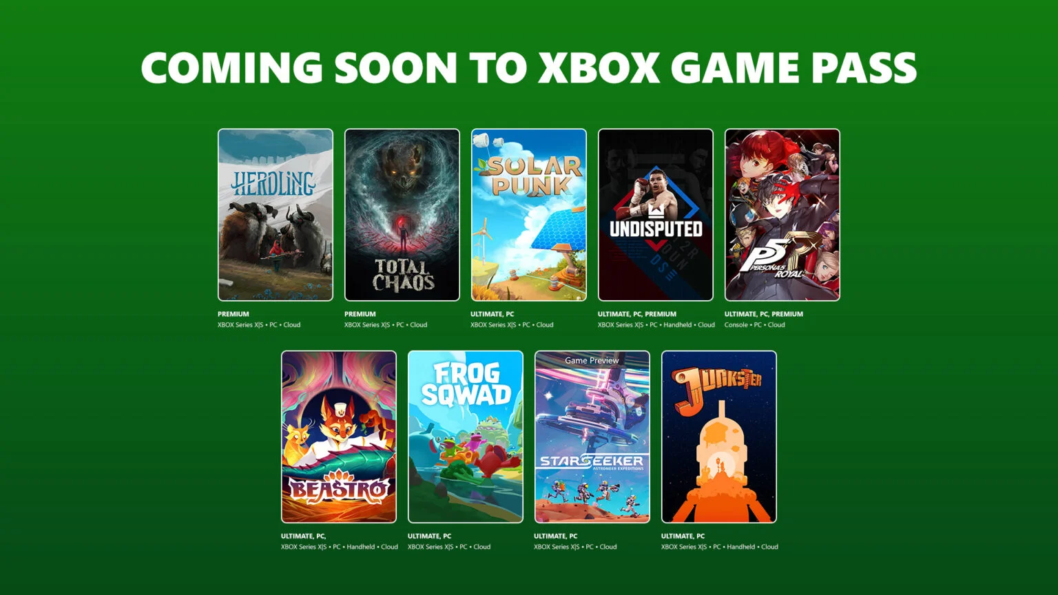 Infografía de juegos que se publicarán próximamente en Xbox Game Pass