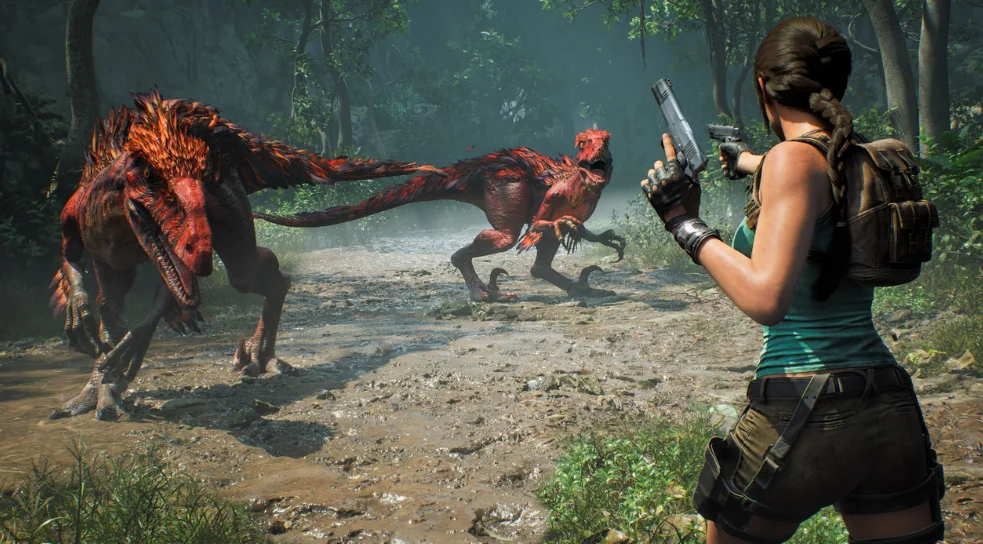 Lara disparando a dinosaurios en Tomb Raider: Legacy of Atlantis